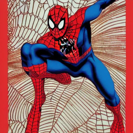 Image similar to Spider-man as illustrated by Yoshitaka Amano. 1994. Acrylic and Watercolor on lithography paper. Ukiyo-e