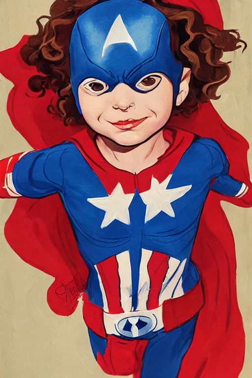 Prompt: a little girl with a mischievous face and light brown curly wavy hair. she is dressed as captain america, spider - man, batman, captain marvel, a superhero. clean elegant painting, beautiful detailed face. by steve ditko and jack kirby and greg rutkowski