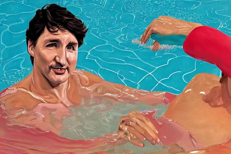 Image similar to justin trudeau in a swimming pool in a house in california, magazine centerfold, by david hockney, peter doig, lucien freud, francis bacon, pop realism, oil on canvas