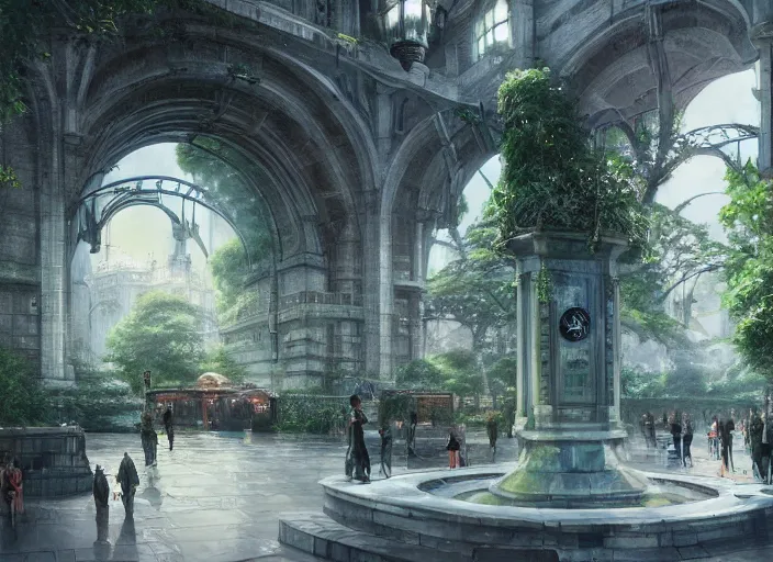 Image similar to A train subway inside a beautiful elven city made of white marble, anime, lush trees, fountain, statue, big clock, information desk, trains, a fantasy digital painting by Greg Rutkowski and James Gurney, trending on Artstation, highly detailed