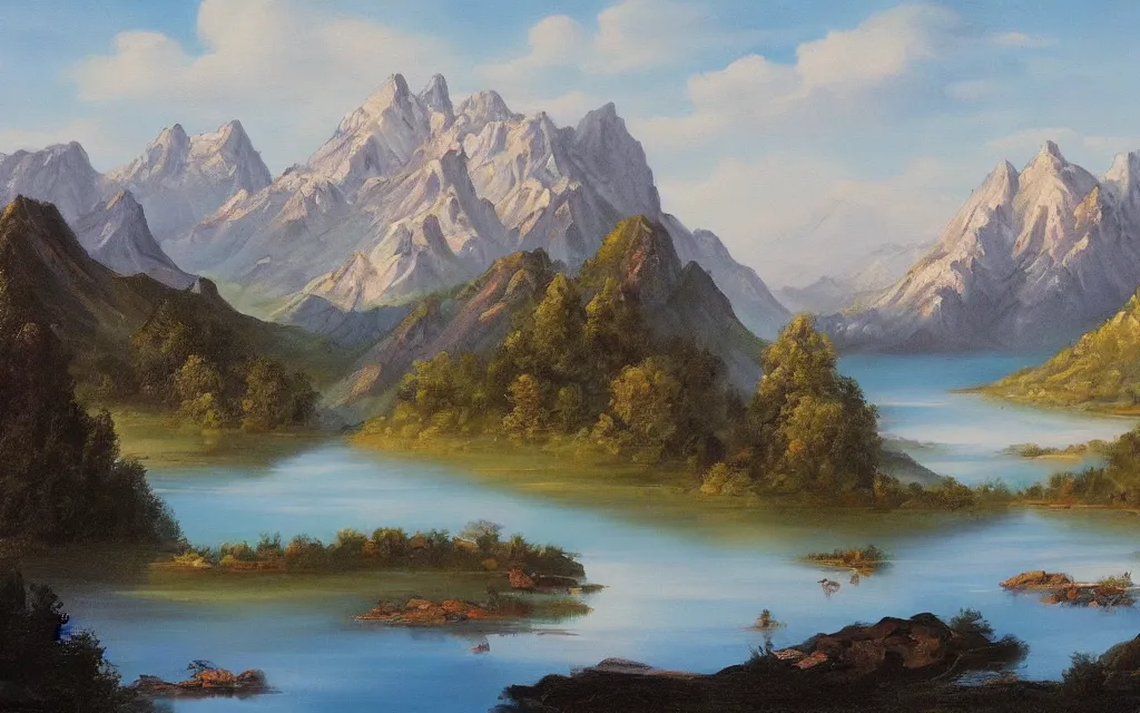 Image similar to a beautiful painting of a serene landscape with a lake in the foreground and jagged mountains in the background