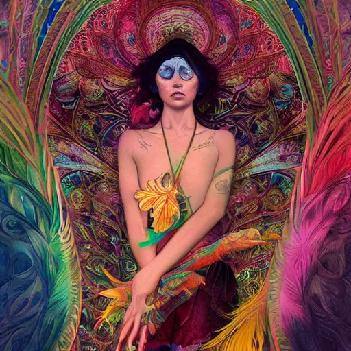 Image similar to A reality bending psychedelic ayahuasca experience, colorful, distorted, surreal, tropical bird feathers, dramatic lighting on the face, intricate, elegant, highly detailed, digital painting, concept art, smooth, sharp focus, illustration, art by Krenz Cushart and Wayne Barlowe and alphonse mucha