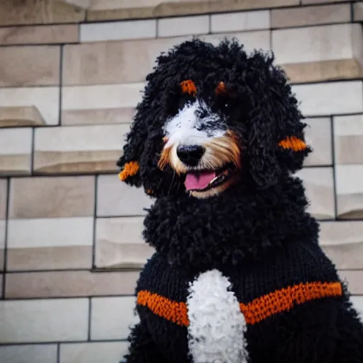 Image similar to a closeup photorealistic photograph of a cute smiling knitted bernedoodle judge dog dressed in a black gown, presiding over the courthouse. indoors, professional capture, well lit shot. this 4 k hd image is trending on artstation, featured on behance, well - rendered, extra crisp, features intricate detail, epic composition and the style of unreal engine.