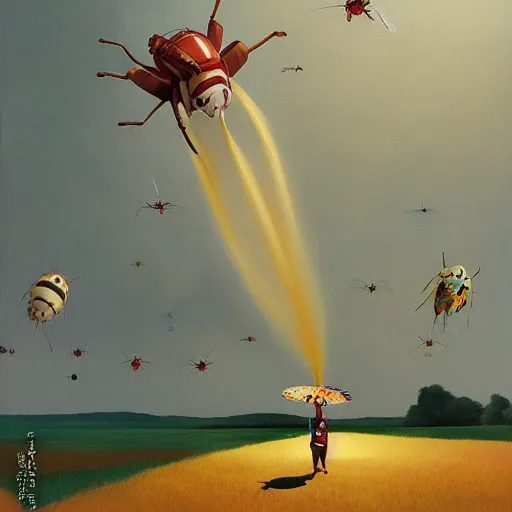 Prompt: Giant insects fly through the air, as a tornado approaches, by Takashi Murakami, Edward Hopper, Bo Bartlett, and Cynthia Sheppard, Artstation