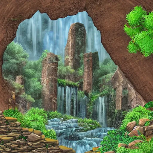 Prompt: ancient ruins,plants and waterfalls in the interior of a cave,digital art