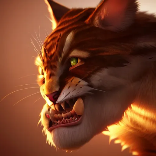 Image similar to rengar from league of legends, cinematic, 4 k, very detailed, beautiful rendering, realistic fur, cgtrader, artstation, global illumination, volumetric lighting, dramatic