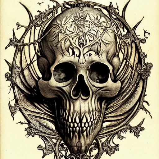 Image similar to memento mori by arthur rackham, art forms of nature by ernst haeckel, exquisitely detailed, art nouveau, gothic, ornately carved beautiful skull mask dominant, intricately carved antique bone, art nouveau botanicals, ornamental bone carving, art forms of nature by ernst haeckel, horizontal symmetry, ernst haeckel, symbolist, visionary