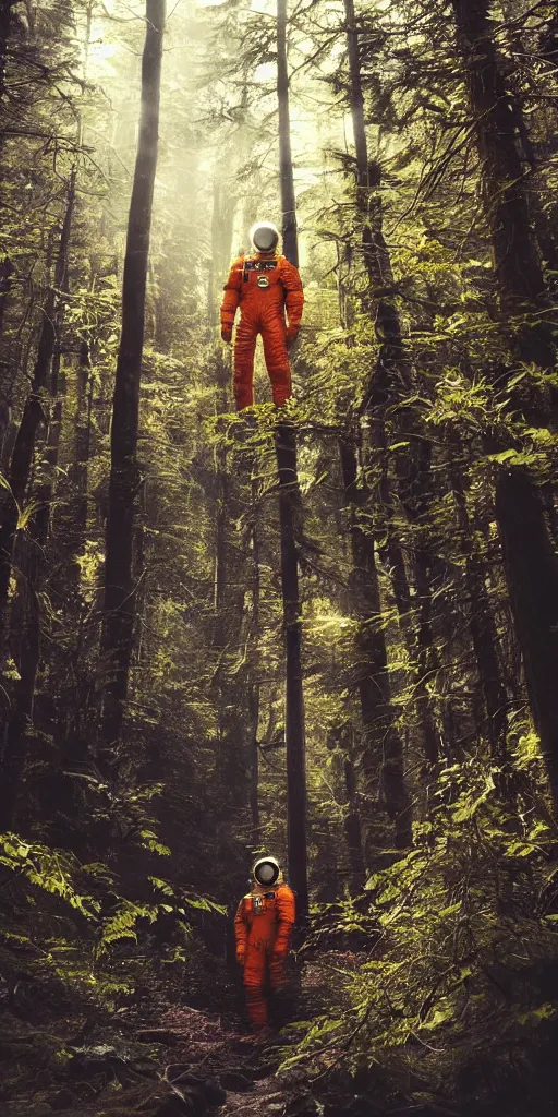 Prompt: american astronaut in orange suite, in the forest plants environment wide angle cinematic lighting atmospheric realistic octane render highly detailed in th