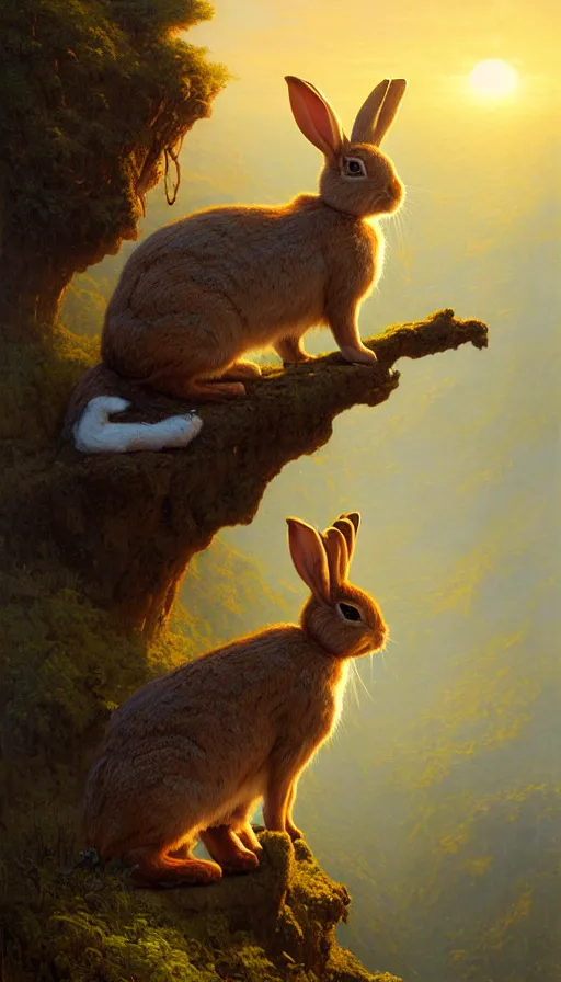 Image similar to rabbit looking off of a cliff, sun setting behind rabbit, lush forest in valley below, painted by tom bagshaw, james gurney, gaston bussiere, craig mullins, j. c. leyendecker 8 k