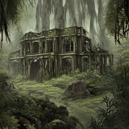 Image similar to a forgotten ruin in an overgrown jungle, inspired by h. p. lovecraft's at the mountains of madness, artstation trending