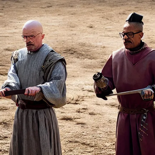 Prompt: walter white and gustavo fring dress like a knights from game of thrones, dueling with swords, cinematic, highly - detailed, 8 k, hbo, game of thrones, realistic