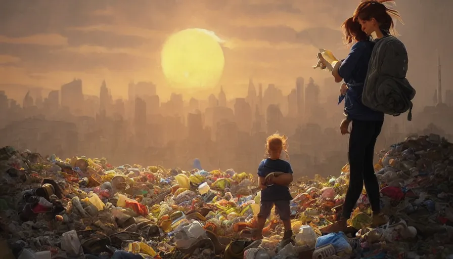 Image similar to mom with child wearingbackpack exploring the garbage dump, city is pure wasteland, sunset in background, detailed characters, alphonse mucha, greg rutkowski, trending on artstation, artgerm, breathtaking, sharp focus, smooth, mark arian, award winning, highly detailed 4 k art