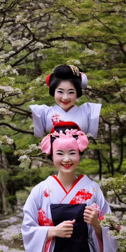 Image similar to A photo of young Japanese geisha smiling at camera and wearing T-shirt