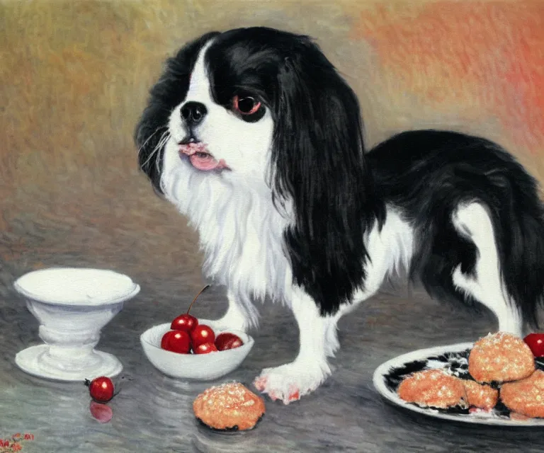 Prompt: white and black japanese chin dog eating cherry muffins, water painting, monet