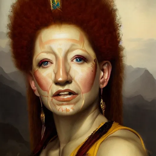 Image similar to the portrait of bonnie langford as an amazon warrior queen by roberto ferri, fantasy, witcher, very detailed oil painting, masterpiece, 8 k, full face