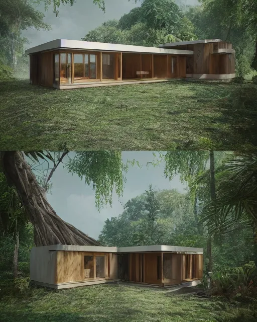 Prompt: a beautiful 3d renderings of a little house in the jungle, architecture by SOM Architect. Architectural photography, 14mm, cinematic photography, high resolution 4k, cg architects, vray