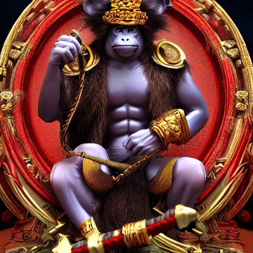 Image similar to monkey king godly lord of monkeys, wearing a crown, holding a staff, sitting in throne 8 k render high detail dark demon gothic style