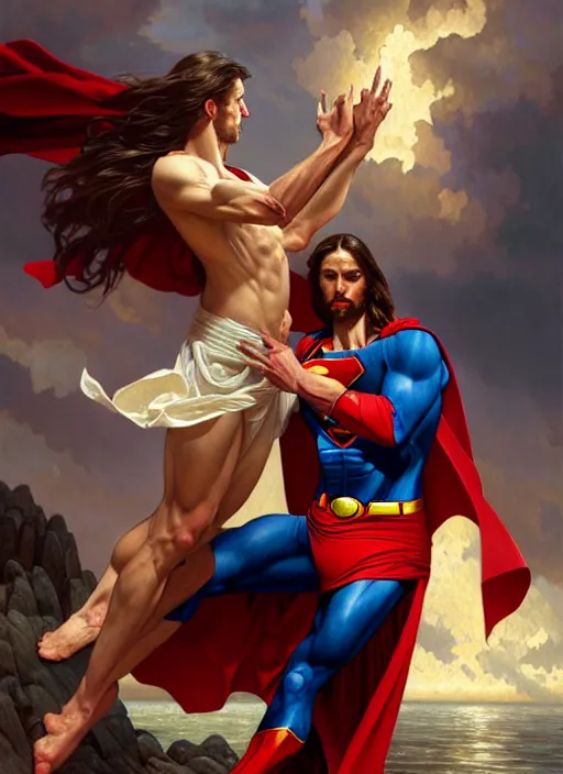 Image similar to Jesus fighting superman , diffuse lighting, fantasy, intricate, elegant, highly detailed, lifelike, photorealistic, digital painting, artstation, illustration, concept art, smooth, sharp focus, art by John Collier and Albert Aublet and Krenz Cushart and Artem Demura and Alphonse Mucha