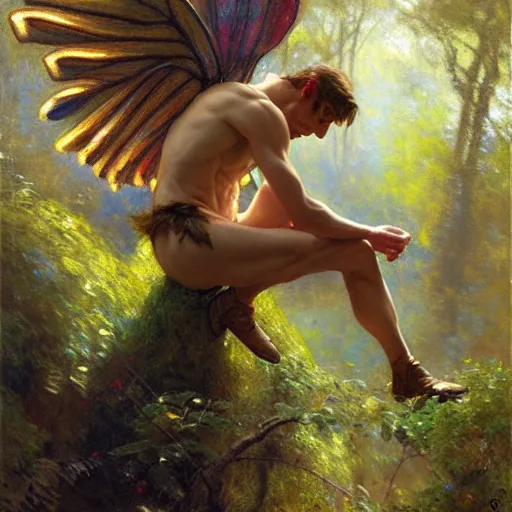 Image similar to attractive male fairy with wings in the forest, posing. highly detailed painting by gaston bussiere, craig mullins, j. c. leyendecker, 8 k