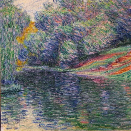 Image similar to a beautiful impressionist painting of a winding river, in the style of monet colored charcoal drawing on canvas