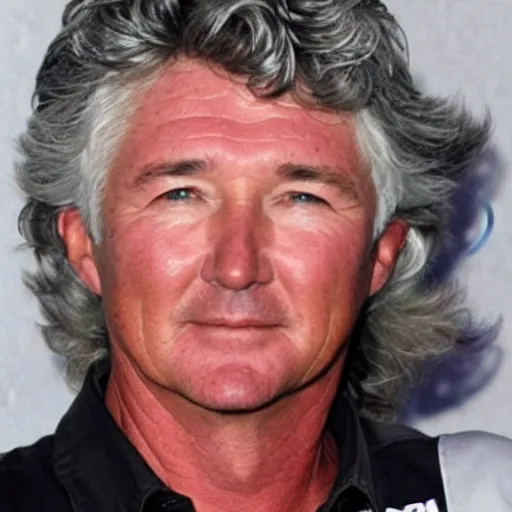 Image similar to patrick duffy, he has very long length straight grey hair, wearing a white shirt