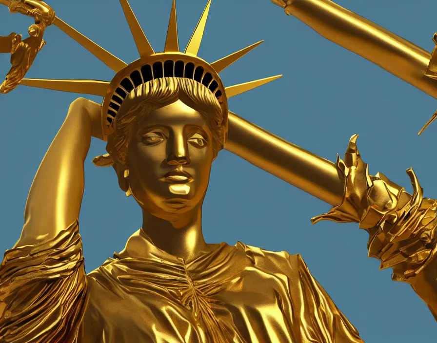 Prompt: statue of liberty but it's made from gold and sing a rap with diamond microphone, beautiful graphics, fantasy artwork, very beautiful scenery, hd, hdr, ue 5, ue 6, unreal engine 5, cinematic 4 k wallpaper, 8 k, ultra detailed