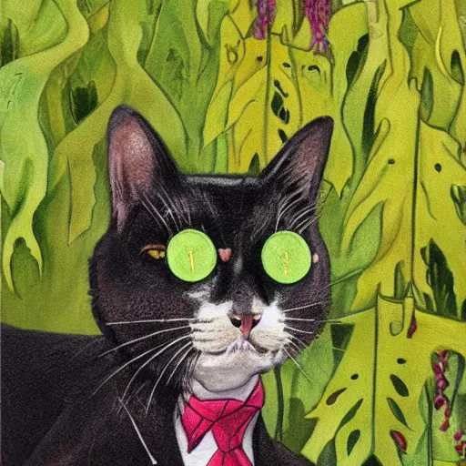 Image similar to a cat with a monocle and a suit in the style of wlop, portrait, overgrown by plants. this oil painting by the award - winning mangaka has interesting color contrasts, plenty of details and impeccable lighting