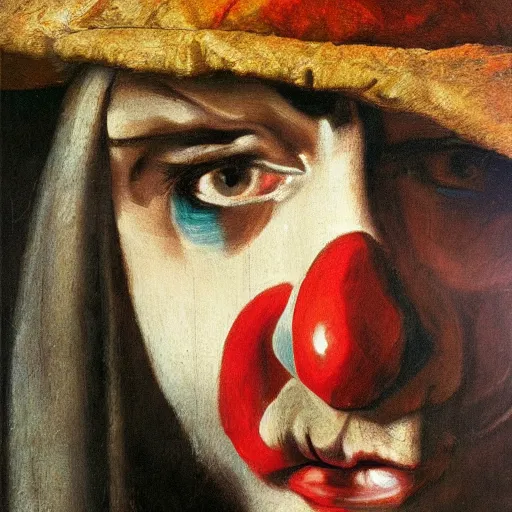 Image similar to detailing character concept portrait of clown by Caravaggio, on simple background, oil painting, middle close up composition