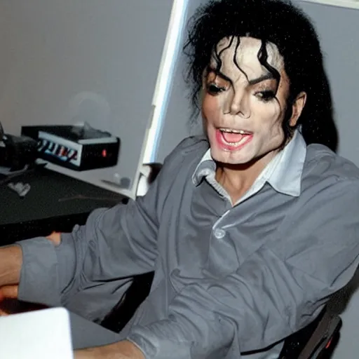 Image similar to Michael Jackson angry at his computer in a Discord server