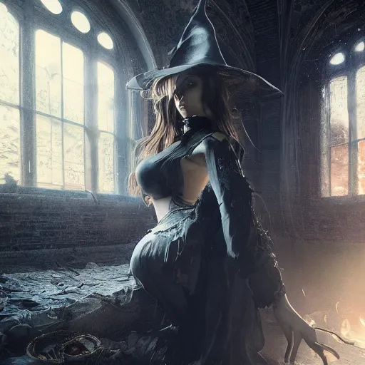 Prompt: full body pose, hyperrealistic photograph of attractive witch, dim volumetric lighting, 8 k, octane beautifully detailed render, extremely hyper detailed, intricate, epic composition, cinematic lighting, masterpiece, trending on artstation, very very detailed, masterpiece, stunning, hdr, smooth, sharp focus, high resolution, award, winning photo, dslr, 5 0 mm