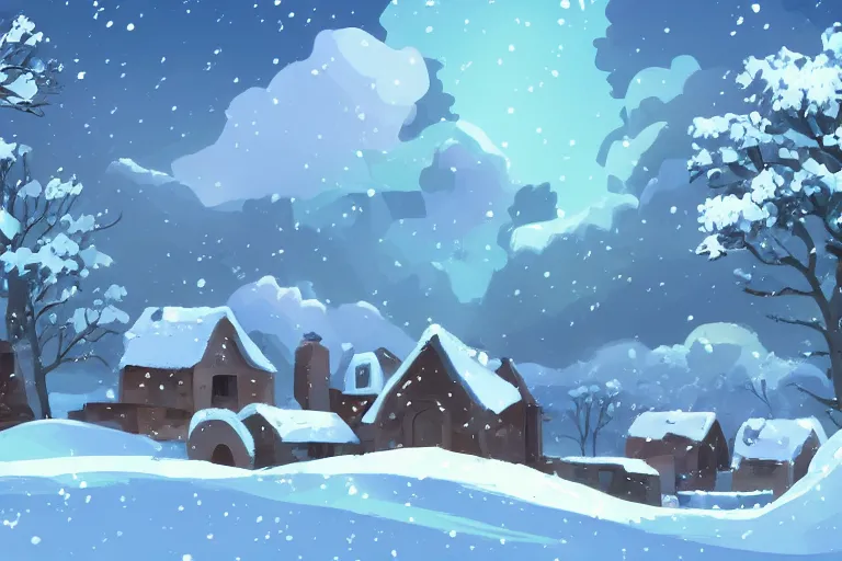 Image similar to snowy Landscape and a village in the background in the style of Pokemon Sword and shild