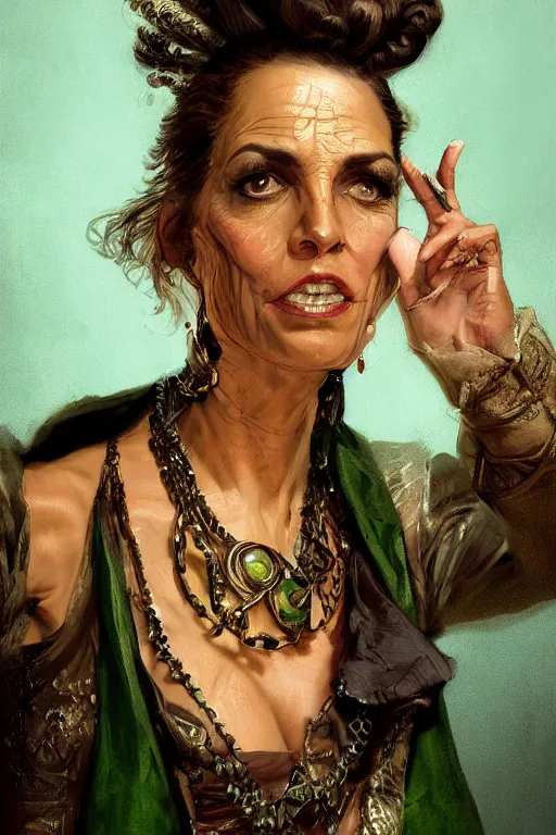 Image similar to portrait, headshot, digital painting, of a 17th century, beautiful, middle aged, middle eastern, wrinkles, decadent, cyborg noble woman, dark hair, amber jewels, baroque, ornate dark green opulent clothing, scifi, futuristic, realistic, hyperdetailed, concept art, chiaroscuro, side lighting, art by syd mead