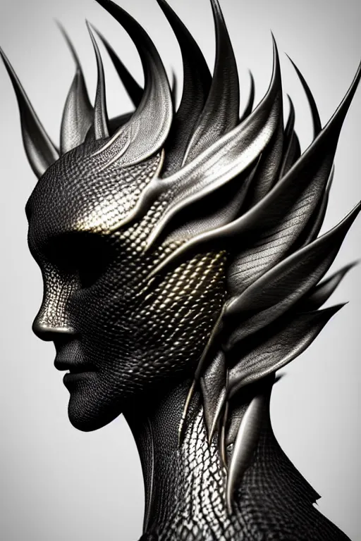 Image similar to bw close - up profile face, black background, beautiful young porcelain vegetal - dragon - cyborg - female, 1 5 0 mm, beautiful natural soft rim light, silver gold details, magnolia leaves and stems, roots, mandelbot fractal, elegant, ultra detailed, white metallic armour, octane render, h. r. giger style