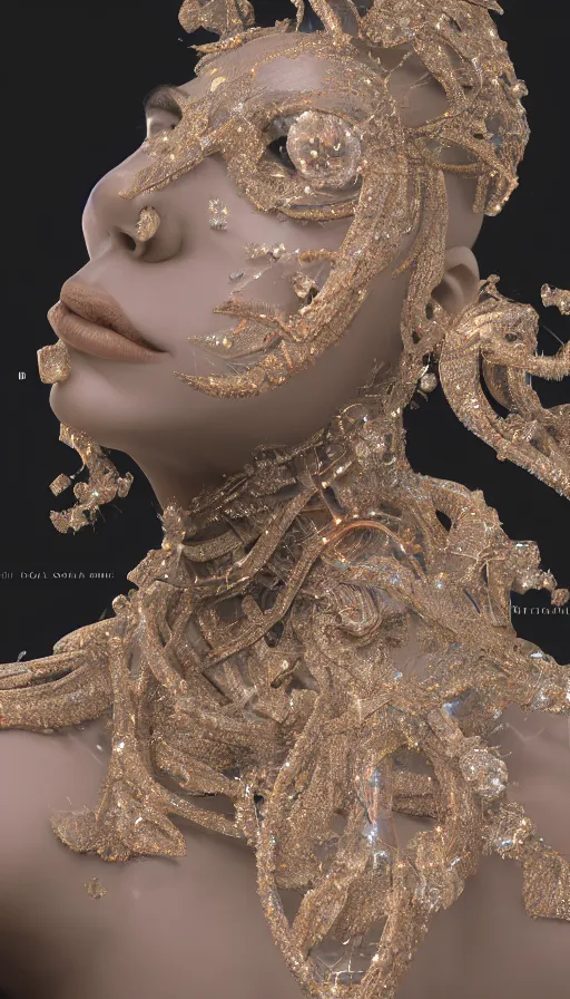 Prompt: full body detailed, ethereal, biomechanical, covered in diamonds and other gems glowing, highly detailed face, elegant posed, intricate, extremy detailed, beeple, cgsociety, 3 d unreal engine octane render. cinematic lighting, highly detailed 4 k art