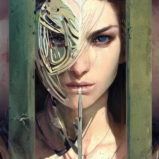 Image similar to tattoo design, a professional painting of a beautiful young female, partially clothed in battle armor, olive skin, long dark hair, beautiful bone structure, symmetrical facial features, intricate, elegant, digital painting, concept art, smooth, sharp focus, illustration, from Metal Gear, by Ruan Jia and Mandy Jurgens and Greg Rutkowski and Artgerm and William-Adolphe Bouguerea and artgerm, cat girl, anime