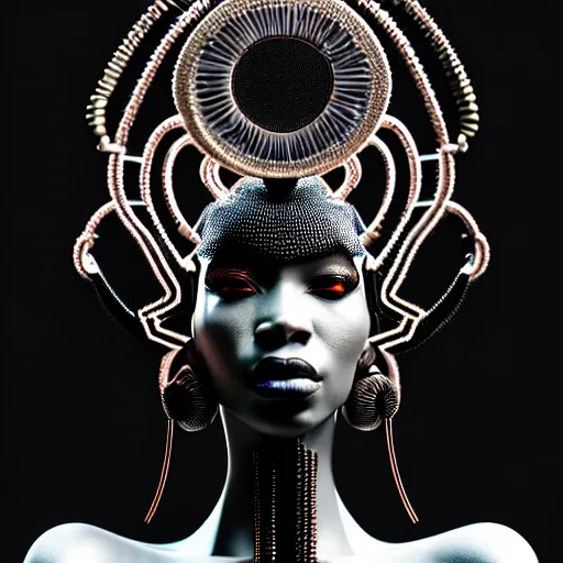 Image similar to portrait of an absurdly beautiful, graceful, sophisticated, fashionable black cyberpunk mechanoid gravure idol, hyperdetailed illustration by irakli nadar, maria borges, matt wisniewski style, intricate linework, dark black skin, neon jellyfish headdress, ivory carved ruff, unreal engine 5 highly rendered, global illumination, radiant light, detailed and intricate environment