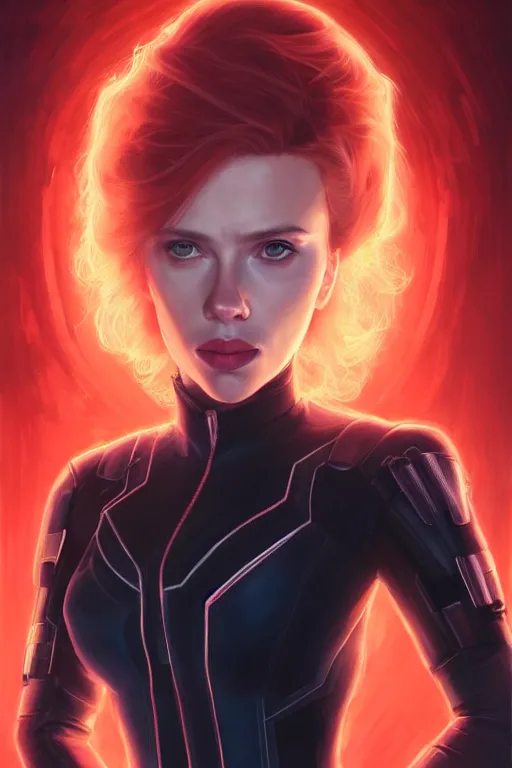 Image similar to a fancy portrait of a Scarlett Johansson as black widow by Greg Rutkowski, Sung Choi, Mitchell Mohrhauser, Maciej Kuciara, Johnson Ting, Maxim Verehin, Peter Konig, final fantasy , mythical, 8k photorealistic, cinematic lighting, HD, high details, atmospheric,