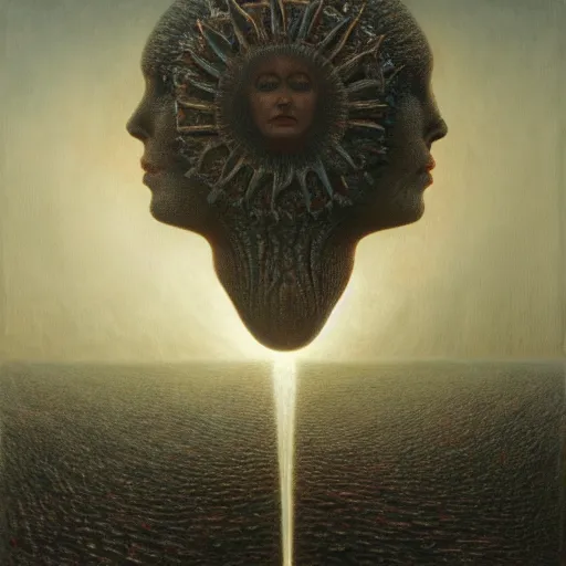 Image similar to The queen of the sun by Zdzislaw Beksinski, Jeffrey Smith and H.R. Giger, oil on canvas, 8k highly professionally detailed, trending on artstation