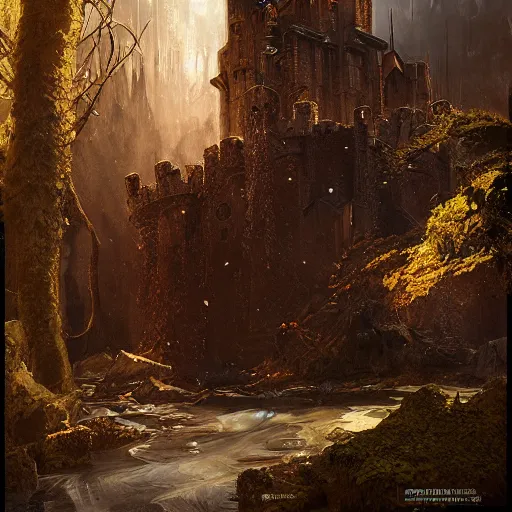 Image similar to portrait of a medieval castle in the rainforrest by Cedric Peyravernay, highly detailed, excellent composition, cinematic concept art, dramatic lighting