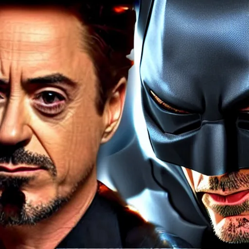 Image similar to Robert Downey Jr in a Batman suit, 8k ultra hd, hyper detailed