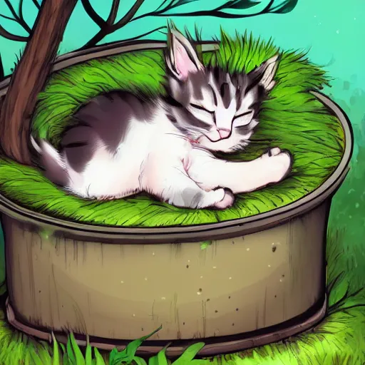 Image similar to cute kitten sleeping in an overgrown oil drum in a forest, digital art, artstation, studio ghibli