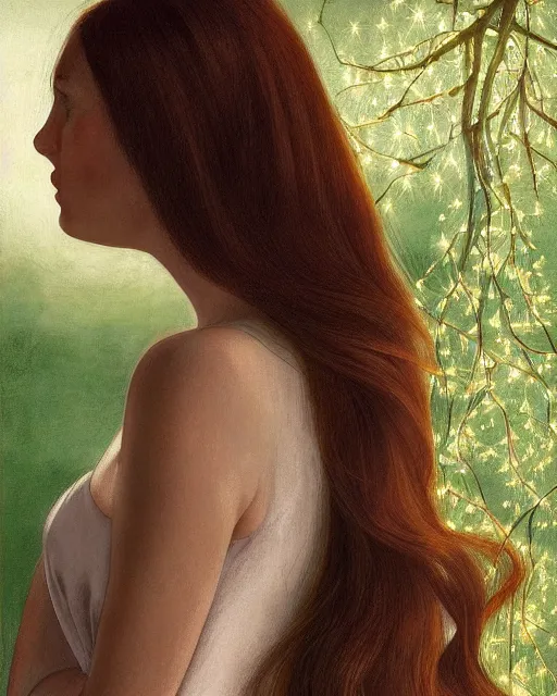 Prompt: a happy, modern looking young woman looking over shoulder, wonderful dress, among the lights of golden fireflies and nature, long loose red hair, intricate details, green eyes, small nose with freckles, triangle shape face, smiling, golden ratio, high contrast, hyper realistic digital art by artemisia lomi gentileschi and caravaggio and artgerm.