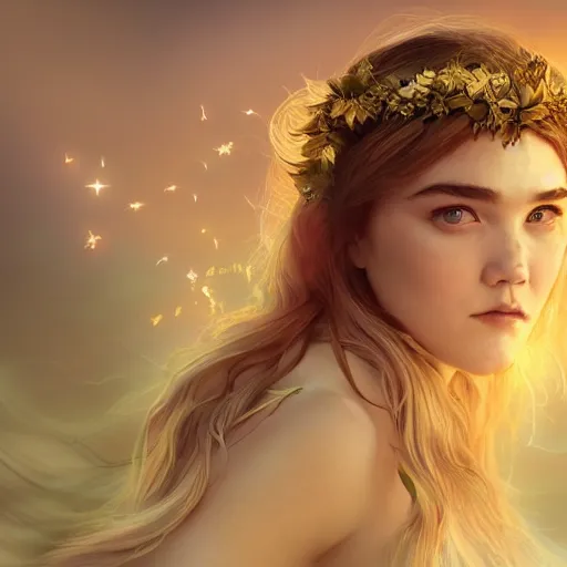 Image similar to florence pugh as the goddess of fairies!!!!!!, golden ratio!!!!!, centered, trending on artstation, 8 k quality, cgsociety contest winner, artstation hd, artstation hq, luminous lighting