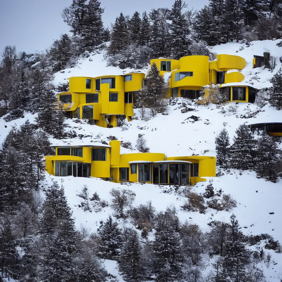 Prompt: an asphalt road leading to a mid-century modern house on top of a cliff in the arctic, covered with snow, designed by Frank Gehry. Big tiles. A car is parked in front. Film grain, cinematic, yellow hue