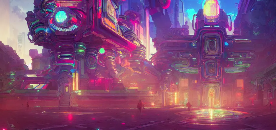 Image similar to street view of a cybernetic temple, vaporwave aesthetic, colorful, psychedelic, digital painting, artstation, concept art, smooth, sharp focus, illustration, art by artgerm and greg rutkowski and alphonse mucha