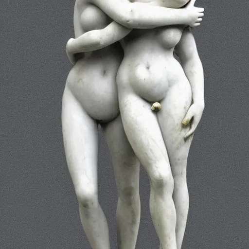 Image similar to sculpture of venus de milo and aphrodite hugging each other, hyperrealistic style in carrara marble