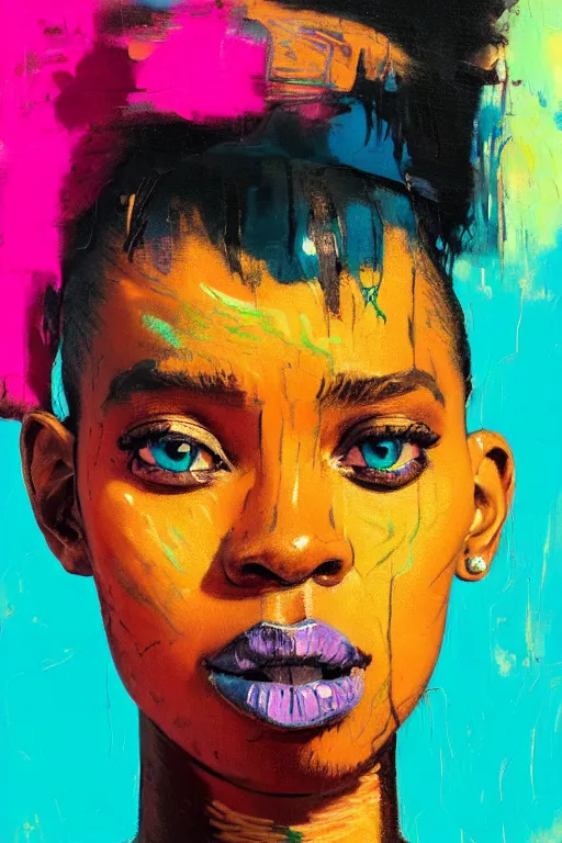 Prompt: portrait of a stylized african young lady, painted in acrylic, pigment textures, wet paint, in the colors hot pink and cyan, beautiful realistic face, rule of thirds, spotlight, by greg rutkowski, by jeremy mann, by francoise nielly, by van gogh, by ross tran, in focus