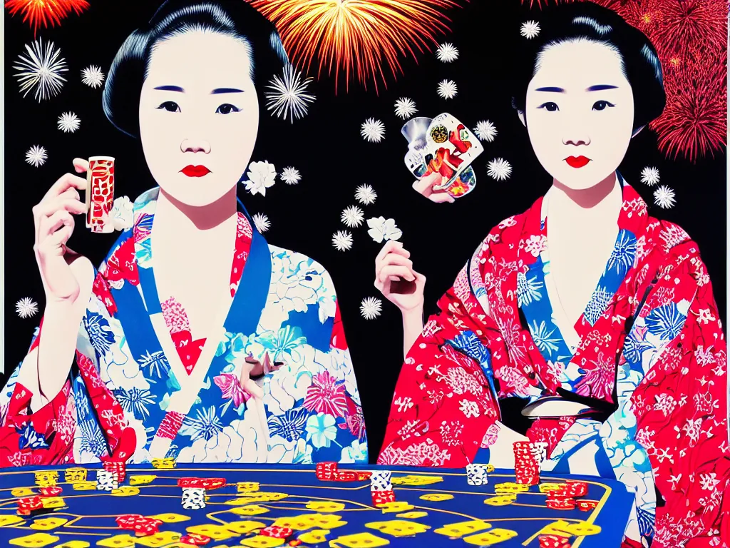 Image similar to hyperrealistic composition of the detailed single woman in a japanese kimono sitting at a extremely detailed poker table with hyperdetailed darth vader, fireworks, mountain fuji on the background, pop - art style, jacky tsai style, andy warhol style, acrylic on canvas
