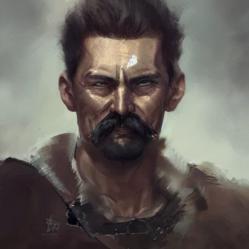 Image similar to portrait old warrior with trucker mustache, 8 k, trending on art station, by tooth wu and greg rutkowski