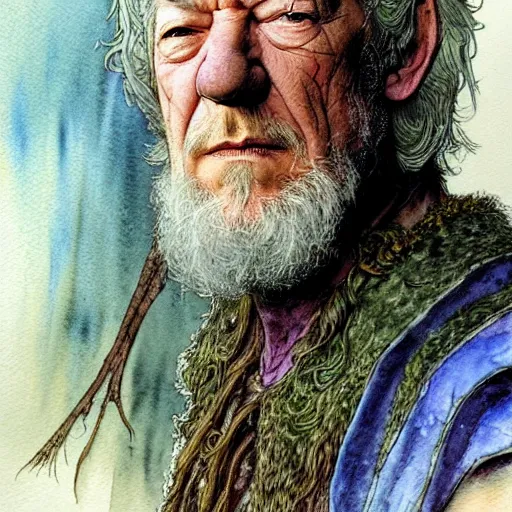 Prompt: a realistic and atmospheric watercolour fantasy character concept art portrait of ian mckellen as a druidic warrior wizard looking at the camera with an intelligent gaze by rebecca guay, michael kaluta, charles vess and jean moebius giraud